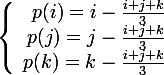 \large \left\lbrace\begin{array}{r @{} l}{p(i)=i-\frac{i+j+k}{3}\\p(j)=j-\frac{i+j+k}{3}\\p(k)=k-\frac{i+j+k}{3}\end{array} \right.